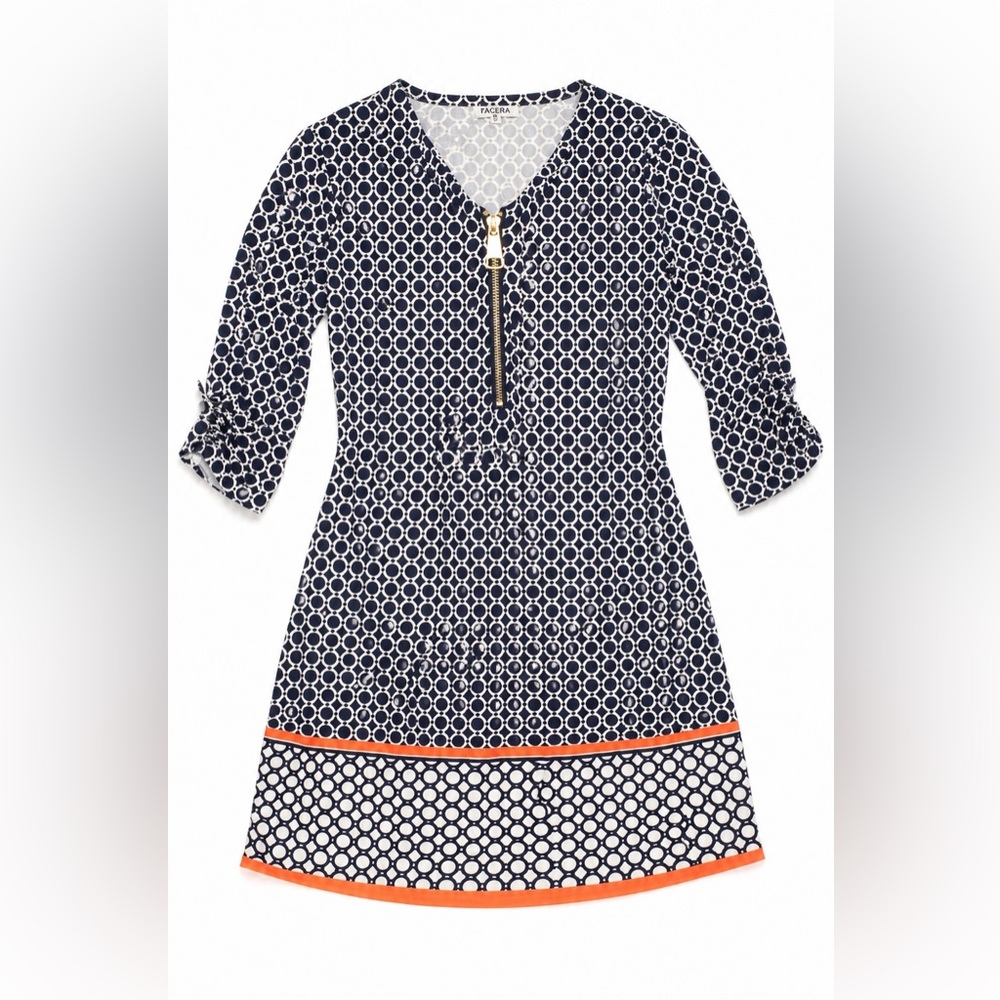 Tacera Navy Blue & Orange Geometric Shift Dress